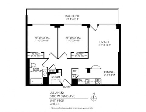 Floor plan for 2 beds, 1 bath, 780 sqft